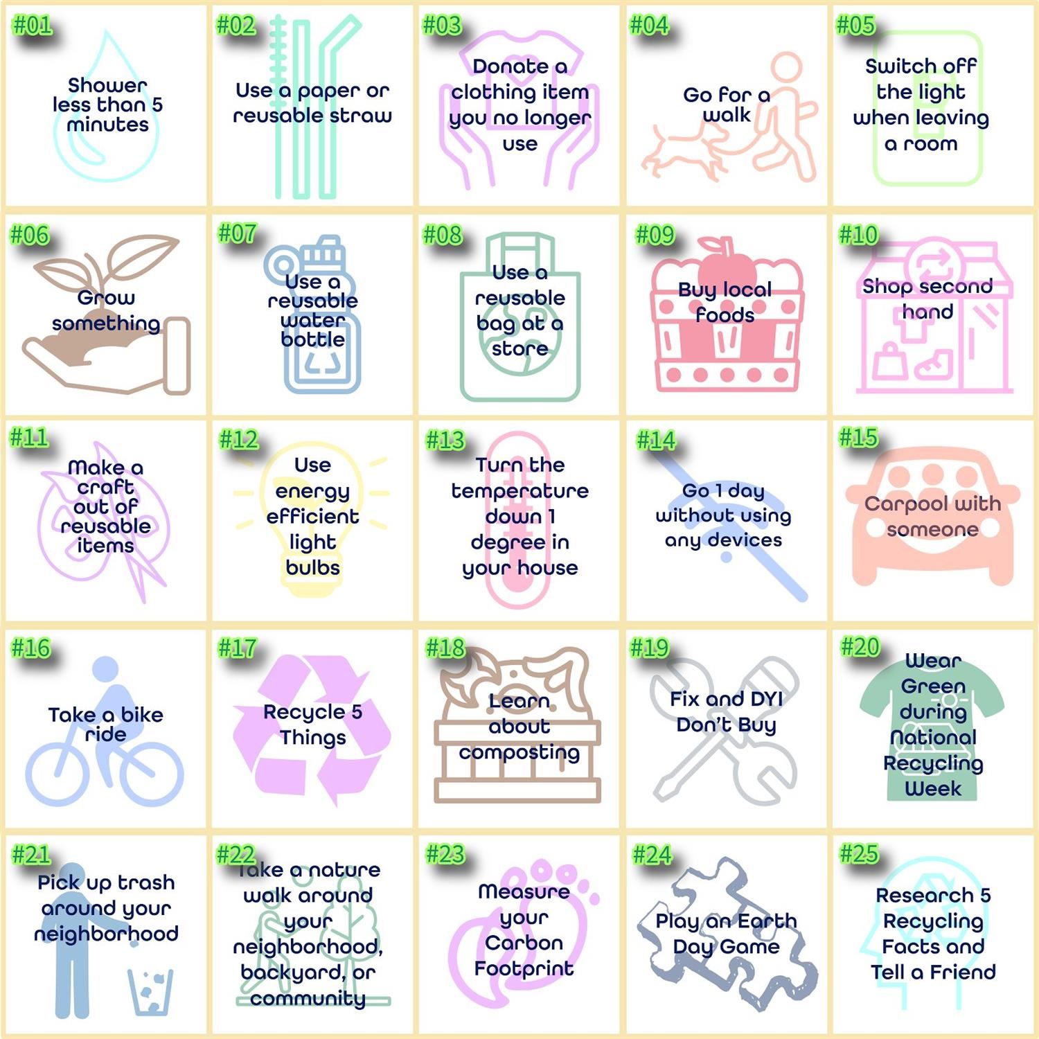 Go Green @ Home Challenge Bingo Board