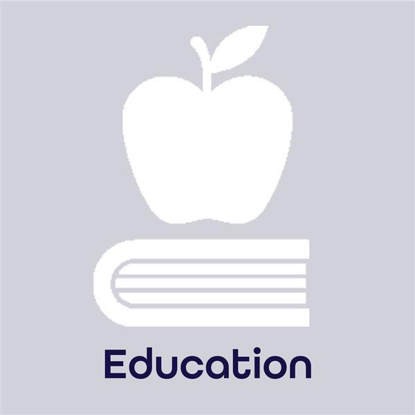 Gray square with a white apple and book icon with the word Education in Navy at the bottom   