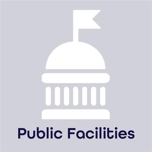Gray square with a white capital building icon with the words Public Facilities in navy blue  