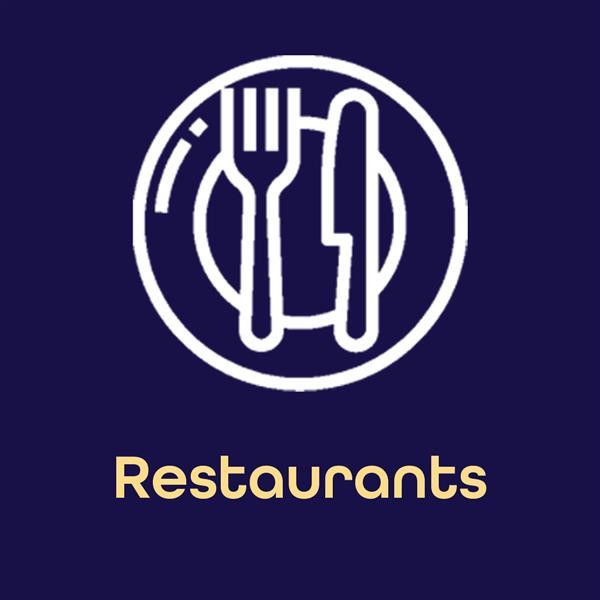 Navy blue square with white fork, knife, and plate icon with the word Restaurants in gold  